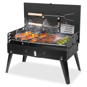 16.7x10x17.7in Portable Charcoal Grill Foldable BBQ Suitcase Grill Shelf For Outdoor Camping Picnics Garden Grilling (Color: black)