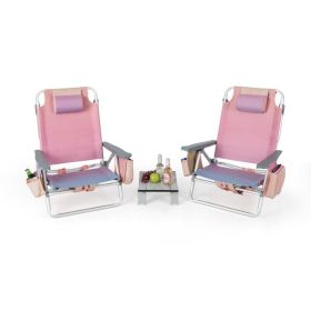 2 Packs 5-Position Outdoor Folding Backpack Beach Table Chair Reclining Chair Set (Color: pink)
