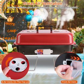 Portable Charcoal Grill Outdoor Tabletop Grill Small Barbecue Smoker Folding BBQ Grill with Lid for Backyard Camping Picnics Beach (Color: Red)
